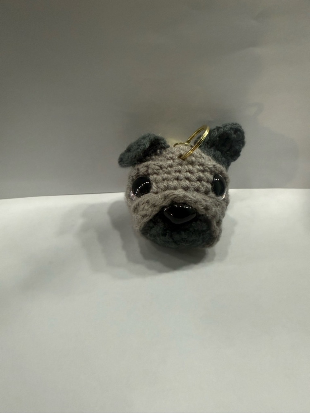 Handmade Gray Crochet Dog Keychain - Plush frenchie-Style Charm